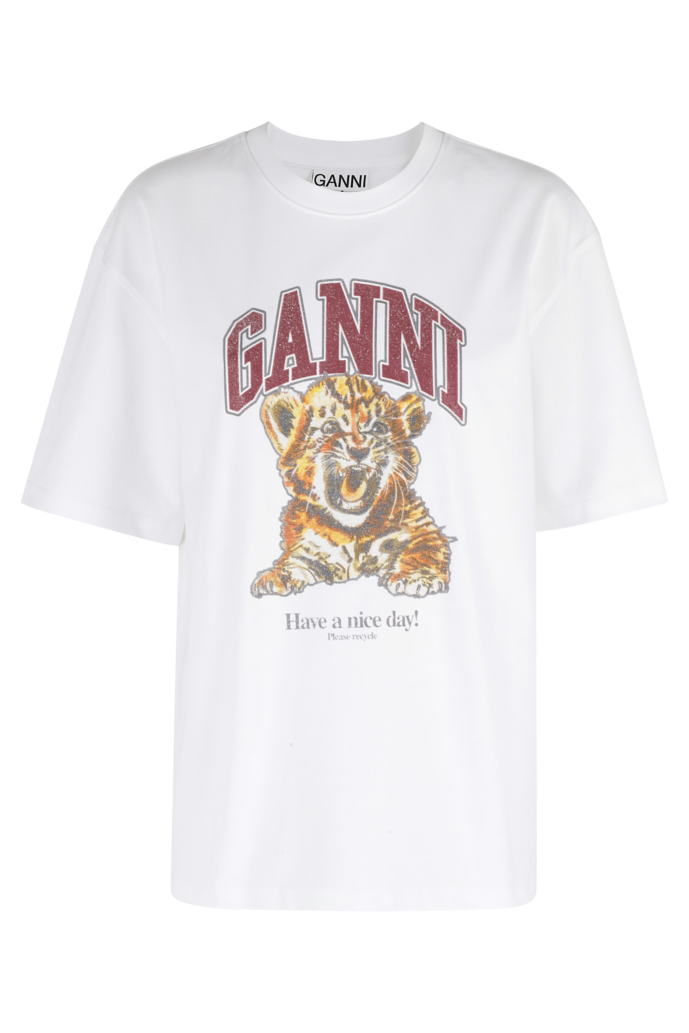 Ganni Women's White Heavy Cotton Jersey Beaded Baby Tiger Print Organic T-Shirt