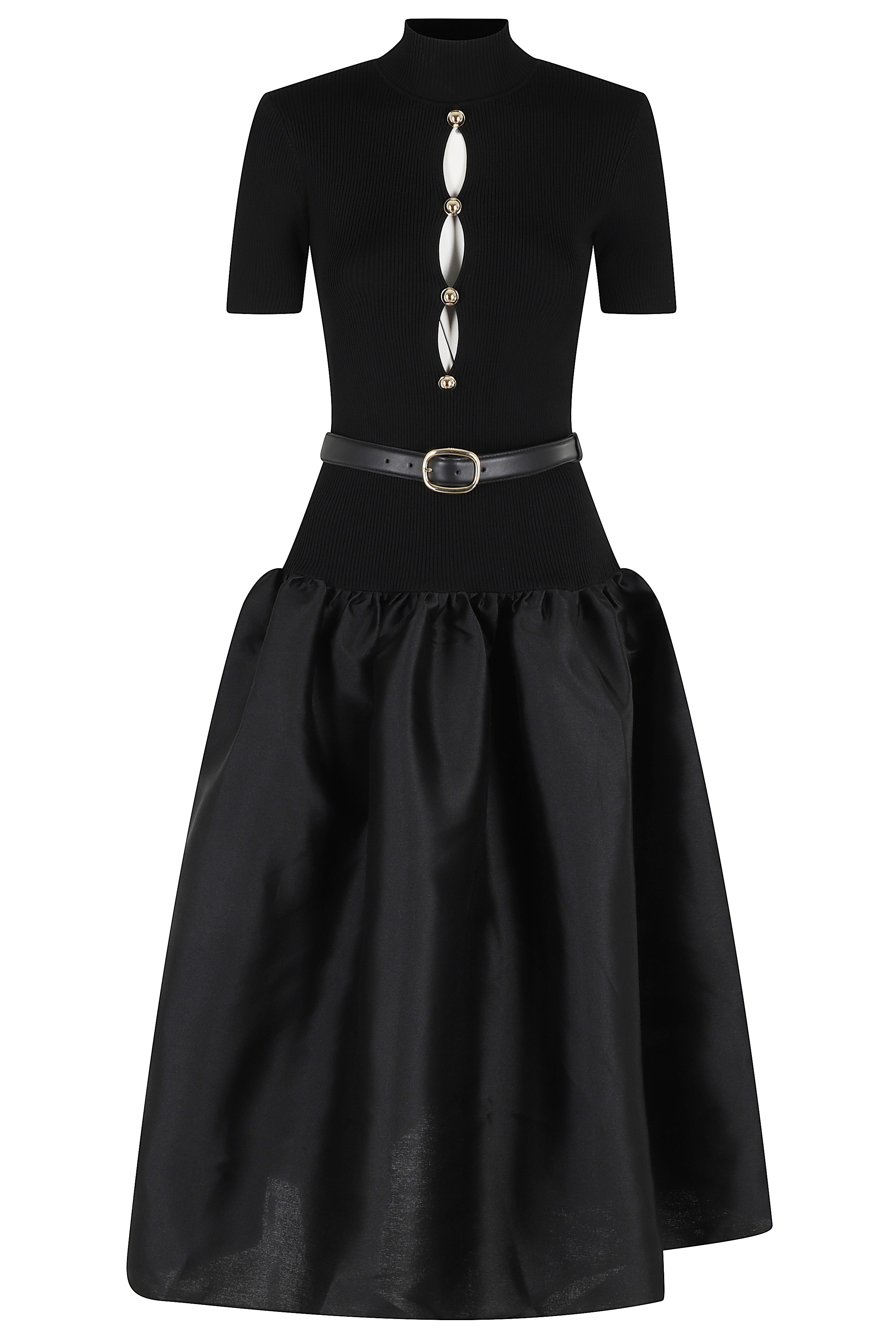 Self- Portrait Women's Black Knit Taffeta Midi Dress Viscosa Abito