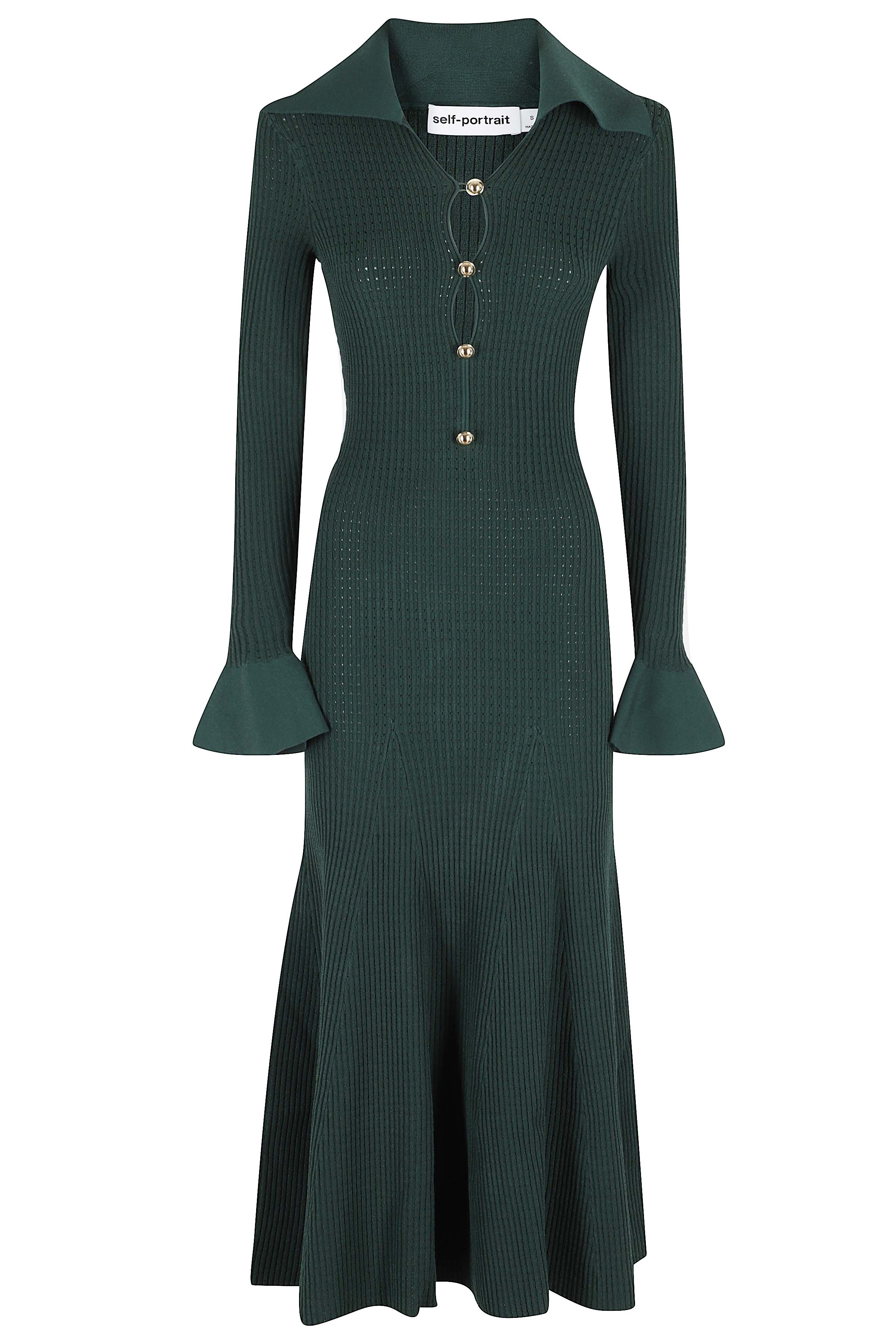 Self- Portrait Women's Green Keyhole Knit Midi Dress Abito