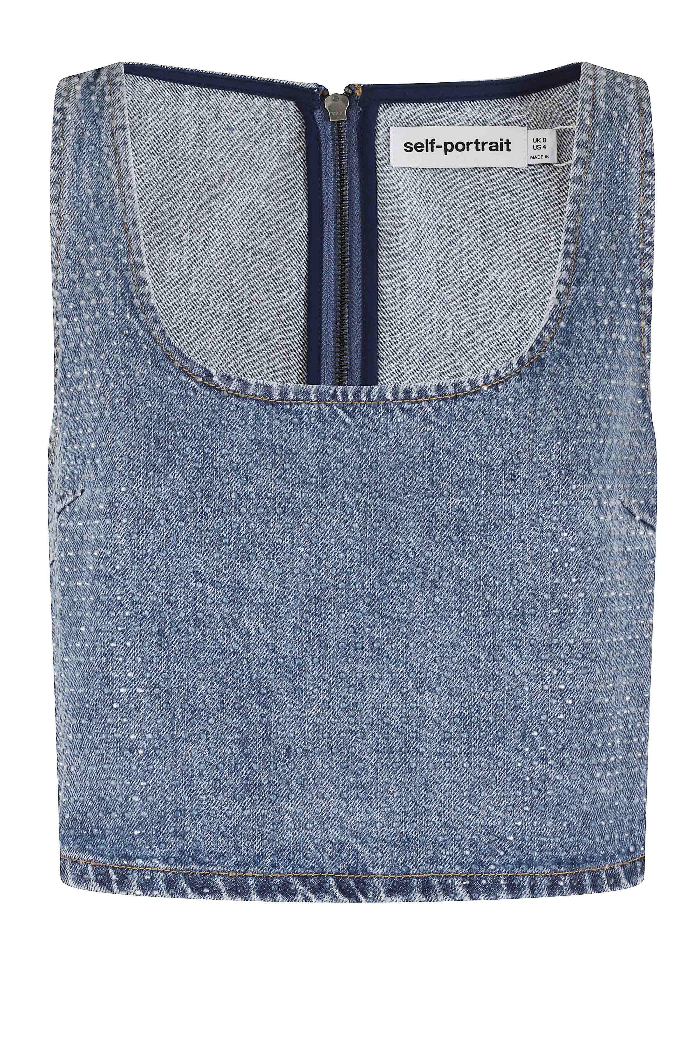 Self- Portrait Women's Blue Rhinestone Denim Crop Top Cotton
