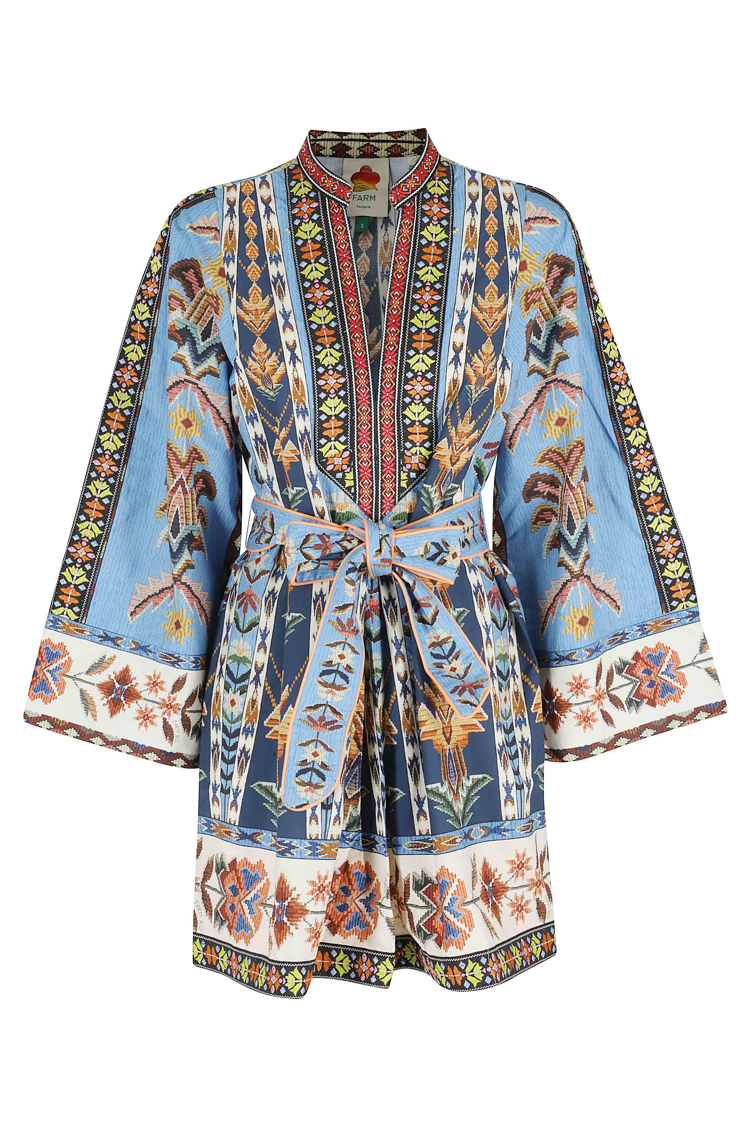 Farm Rio Women's Blue Embroidered Mini Dress Cotton Abito