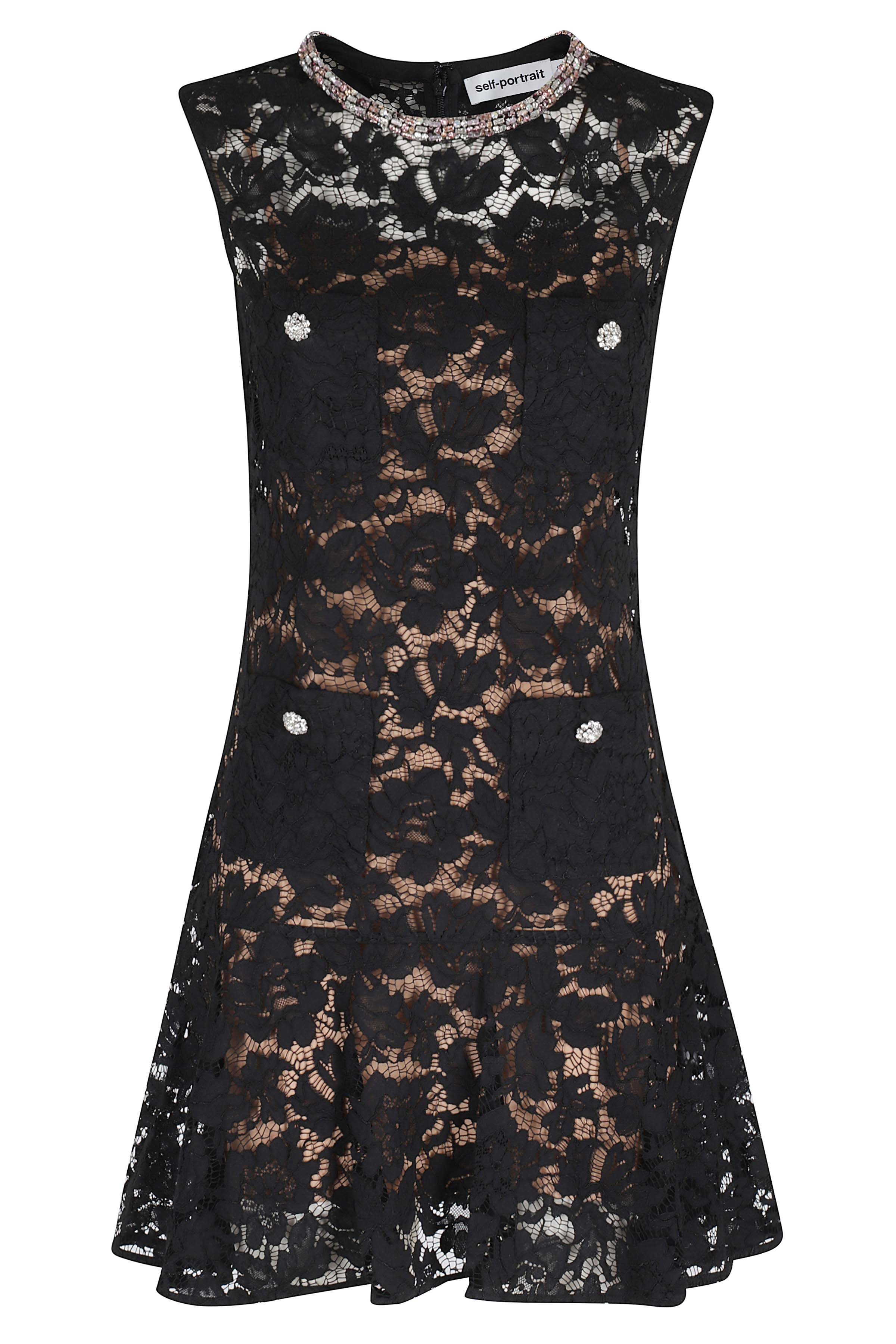 Self- Portrait Women's Black Lace Crystal Mini Dress Abito